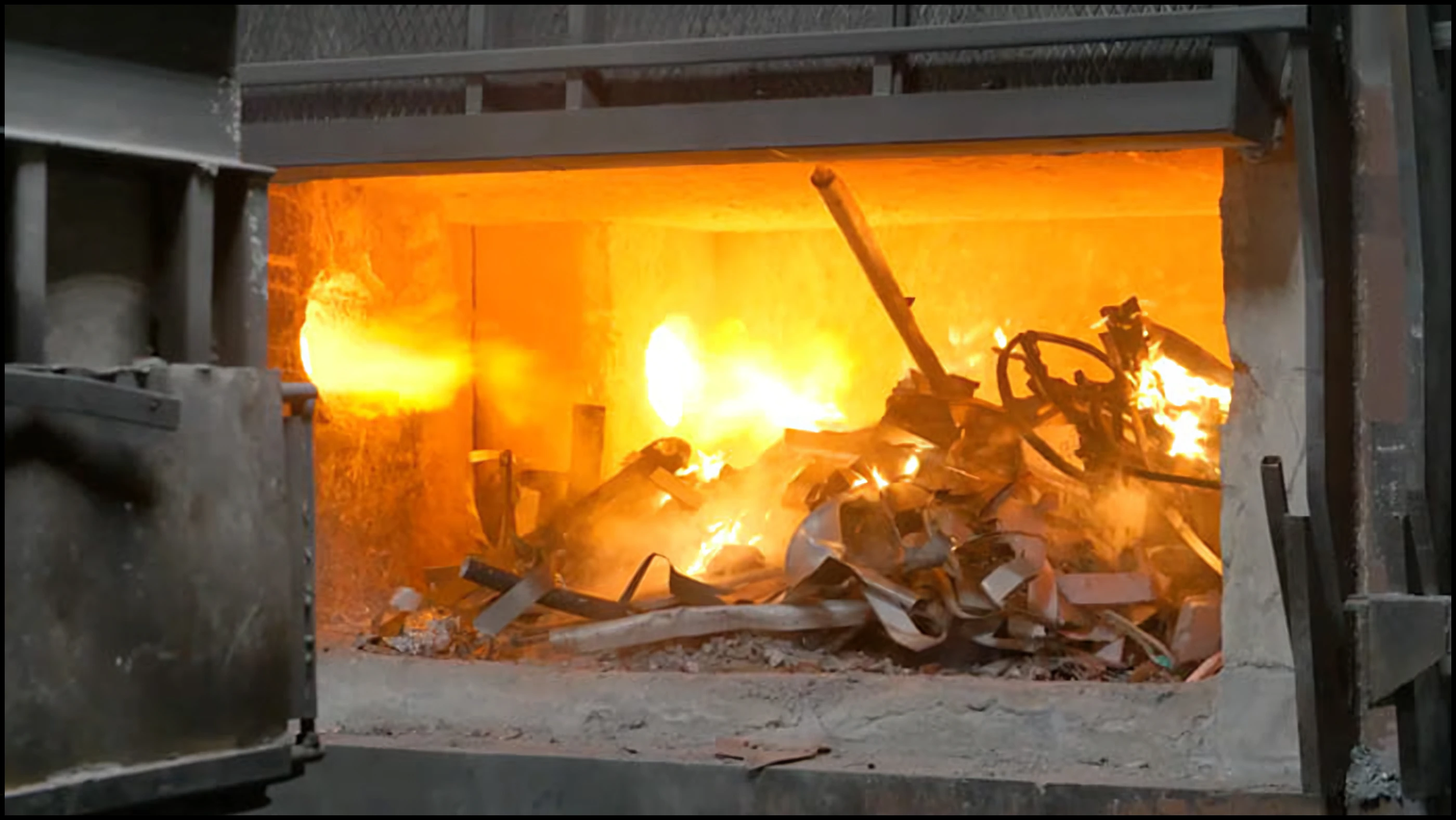 Aluminum melting furnace in operation